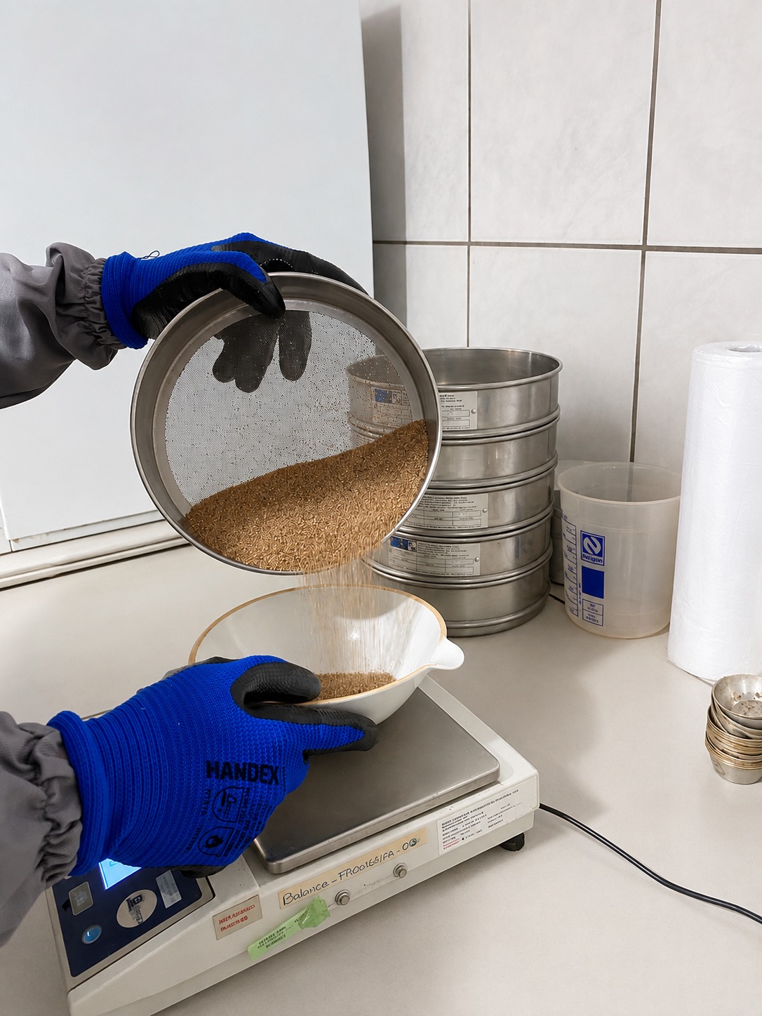 Técnico realizando ensaio de granulometria do solo em laboratório, peneirando amostra sobre balança de precisão com conjunto de peneiras ao fundo